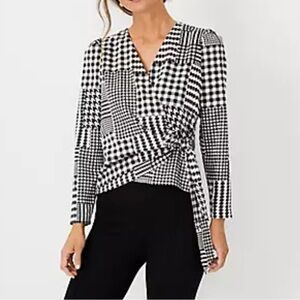 Ann Taylor Womens Size S Plaid Puff Sleeve Wrap Top White Black New 574704